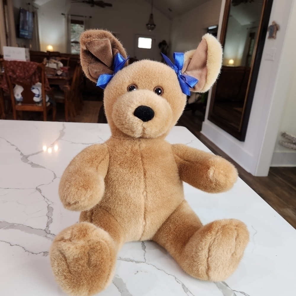 BUILD-A-BEAR Puppy Dog Brown Sugar Beige One Choc Ear W/ Blue Bows Plush